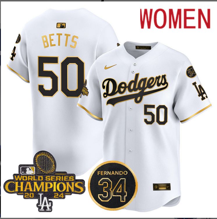 Women MLB Los Angeles Dodgers 50 Betts white 2024 World Series Champions Patch Limited Jersey style 3